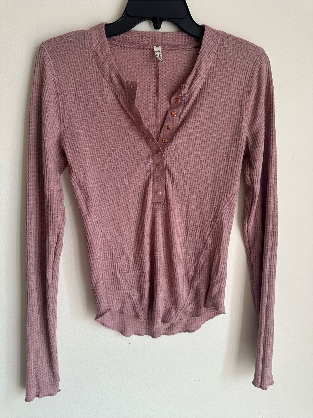 Free People Waffle Knit Henley Long Sleeve Top - Mauve Pink